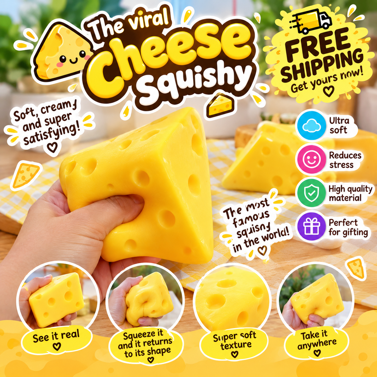 Cheese squishy being squeezed by hand, soft slow-rising stress relief squishy